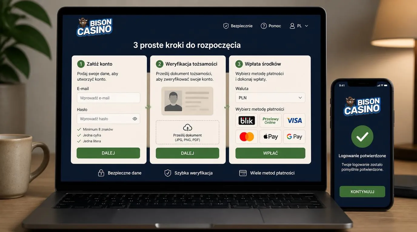 Ekran rejestracji kasyna obok weryfikacji dokumentu i wyboru metody pierwszej wpłaty