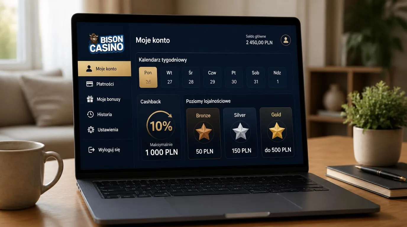 Panel promocji z poniedziałkowym cashbackiem i tygodniowymi nagrodami na poziomach Bronze, Silver i Gold